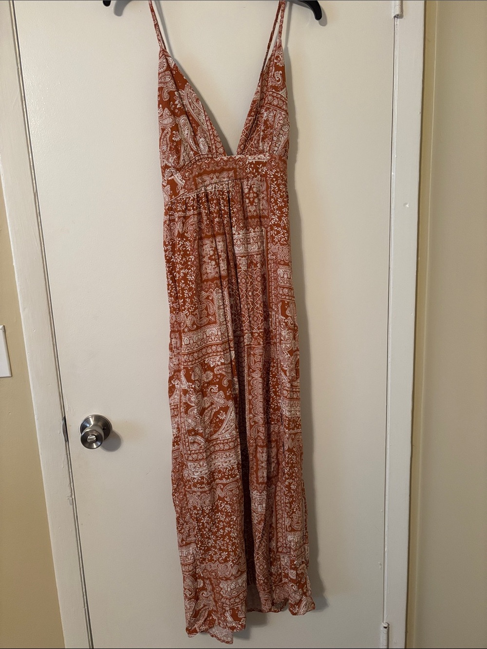 Rust Paisley Maxi Dress with Deep V & Spaghetti Straps